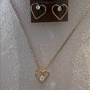 Gold Open Heart Necklace with Crystal & Stud Earrings Set